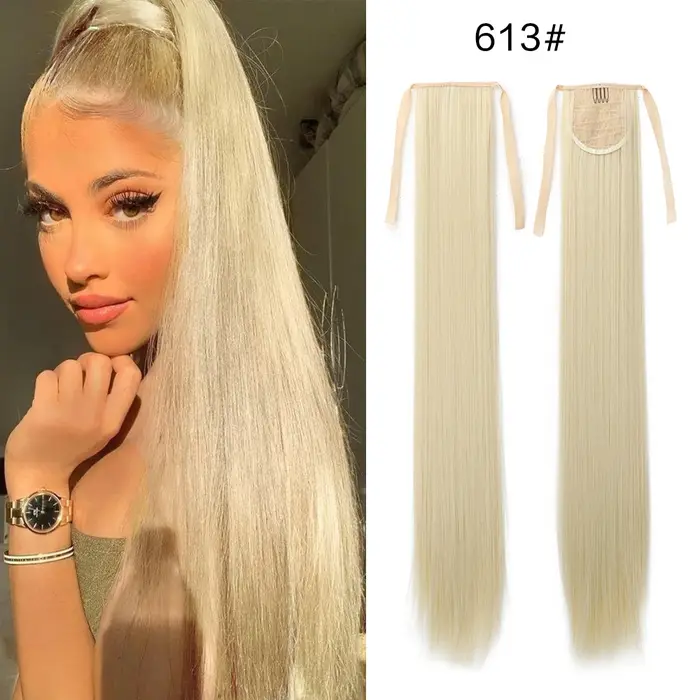 Perruque synthétique pour femme (18-34 pouces) Cheveux longs et raides avec accessoire de coiffure style queue de cheval à enrouler et à clipser