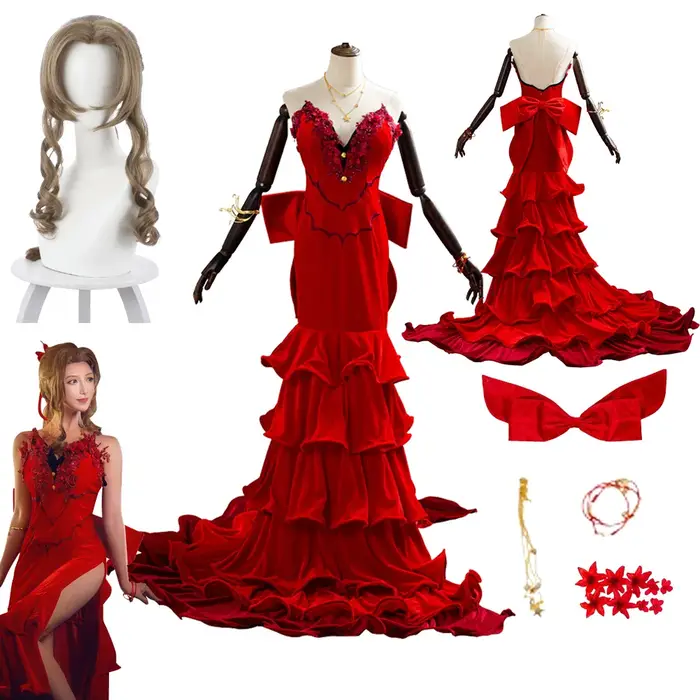 Aerith Gainsborough femmes Cosplay Anime jeu Final Cos fantaisie VII perruque Sexy robe rouge déguisement