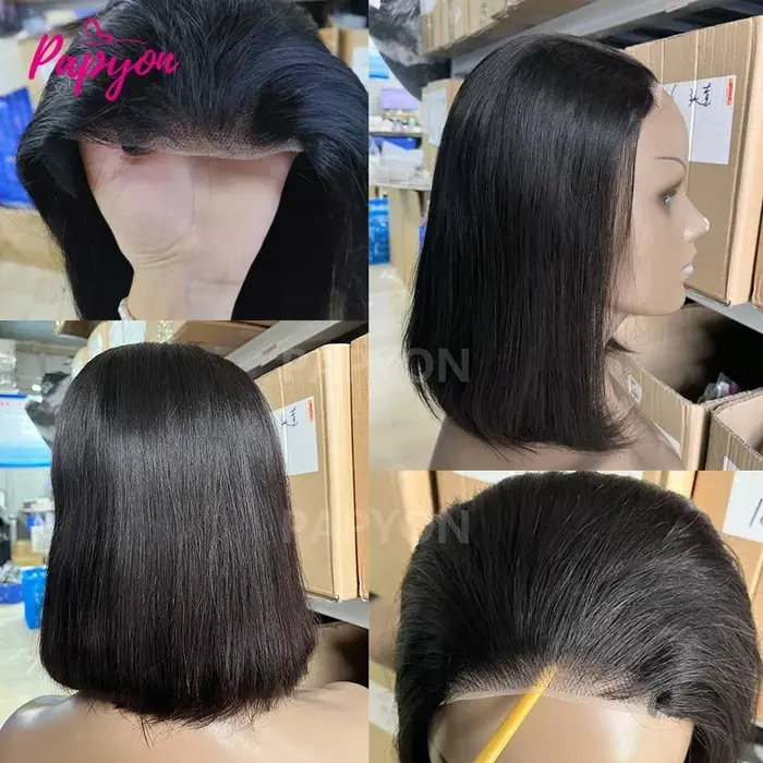 Perruques courtes bob lisses sans colle, prêtes à porter, en cheveux humains, pré-coupées, avec cord