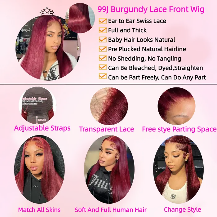 Perruques de cheveux humains lisses bordeaux 99J avec dentelle frontale 13x4 13x6 HD transparente, p