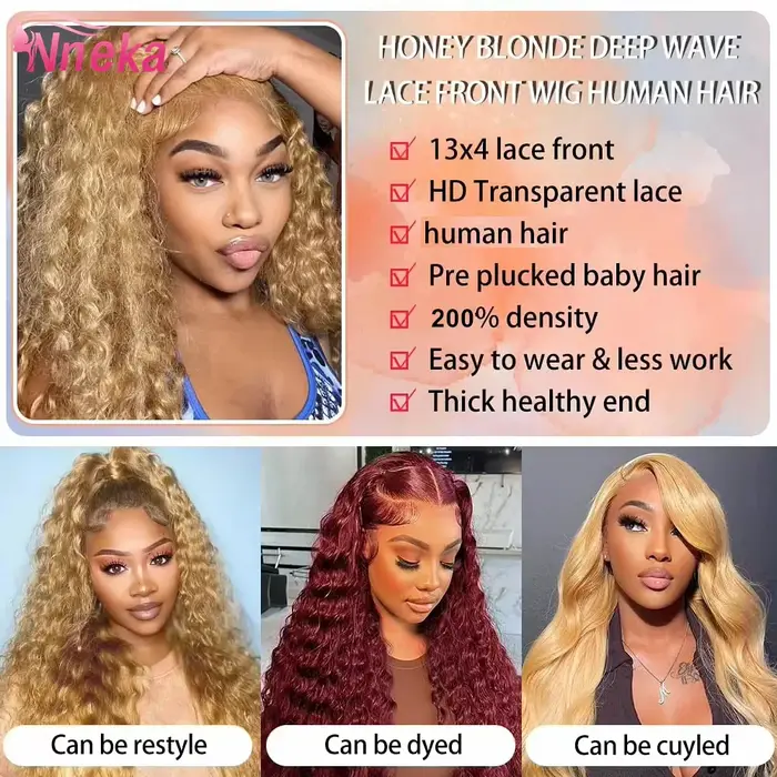 Perruque Lace Front Wig naturelle bouclée blond miel, cheveux humains, Deep Wave, 13x6, 13x4, Hd, po