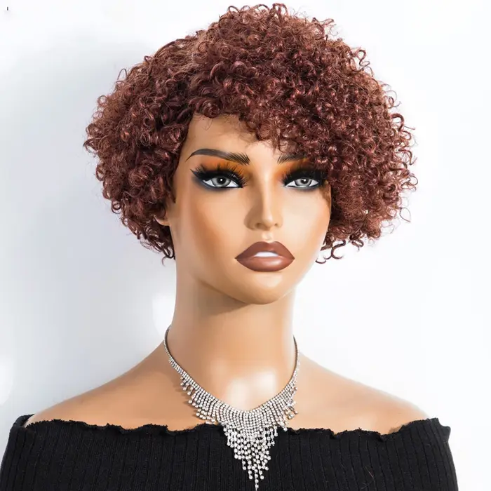 Perruques de cheveux humains bouclés péruviens avec frange courte coupe lutin Bob perruque brun rougeâtre sans colle