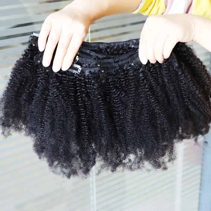 KPLYGDG réel 4C Afro crépus bouclés Extensions de cheveux humains Clips en naturel noir vierge Remy pince dans