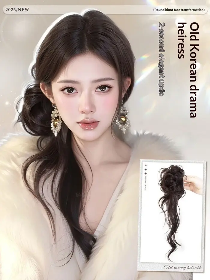 Perruque synthétique ondulée avec chignon désordonné et queue de cheval basse, à clipser, style élég