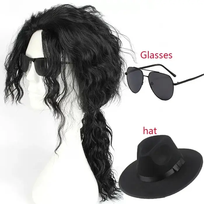 Perruque noire mi-longue bouclée pour cosplay Michael Jackson