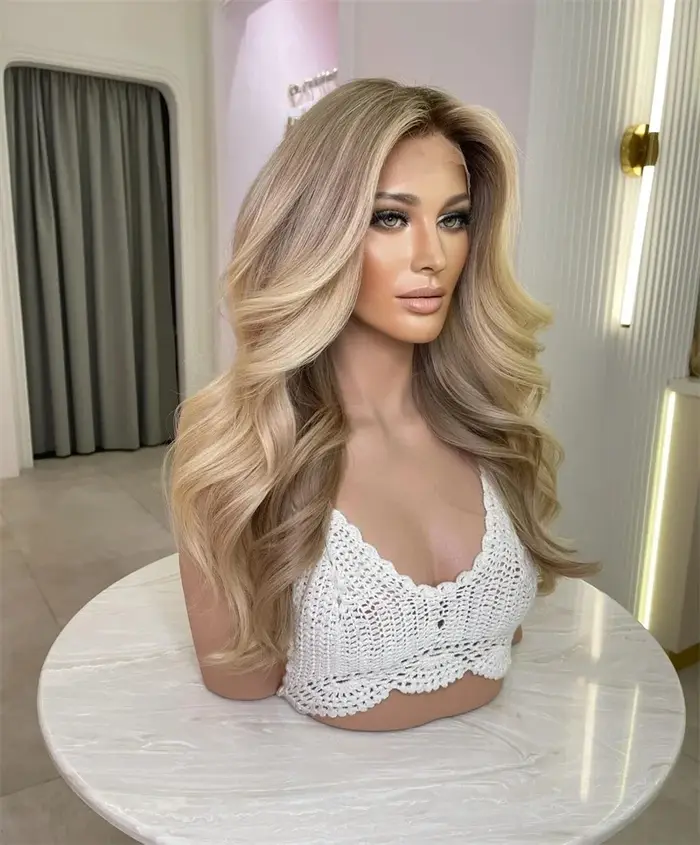 Perruque Lace Front Tendance avec Mèches Blond Miel Doré, Perruques Réalistes pour Femme, Cosplay, U