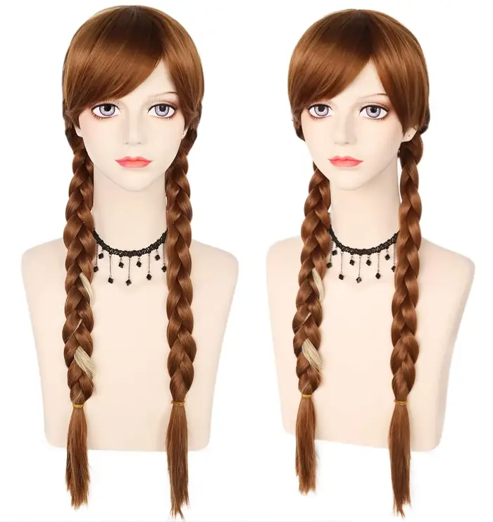 Perruque de Cosplay Longue Brune avec 2 Tresses pour Femme