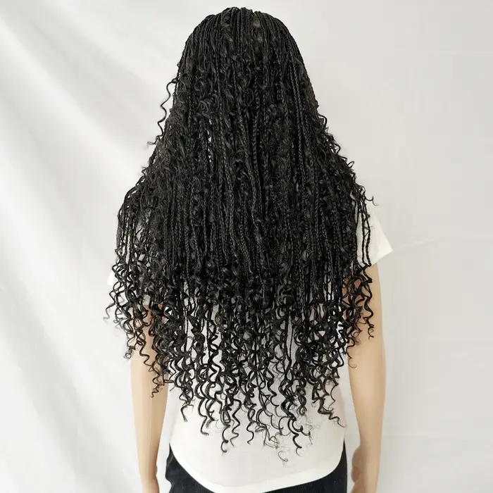 Perruque synthétique tressée sans nœuds de 32 pouces, style bohème, avec extrémités bouclées, double