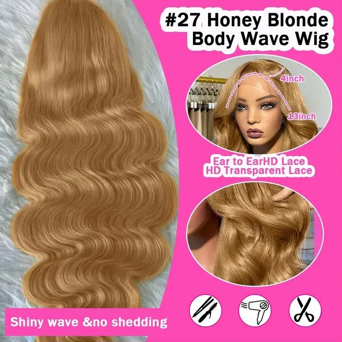 Perruque Lace Front HD 28 pouces en cheveux humains blond miel 13x4, densité 180%, couleur blond mie