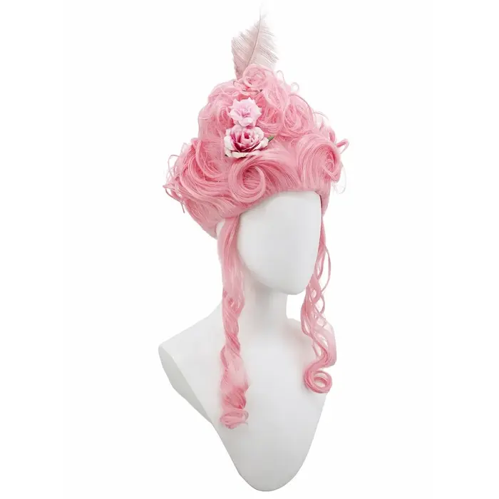 Perruque synthétique rose moelleuse de haute qualité | Coiffure de la reine avec des fleurs de plumes