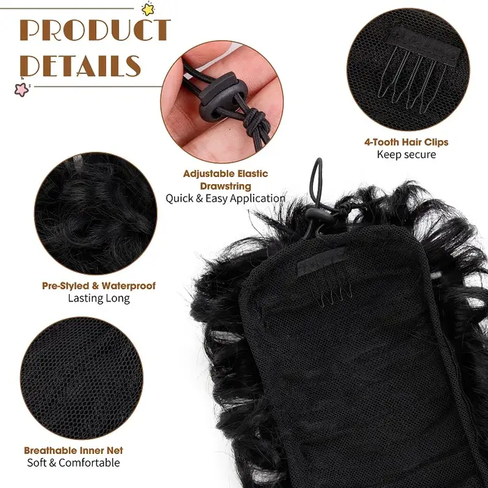Chignon synthétique désordonné avec élastique et cordon de serrage