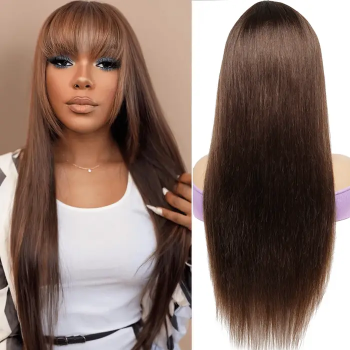 Perruques de cheveux 100% humains, perruque complète avec frange, marron, lisse, faite à la Machine, avec frange, Collection Bobbi