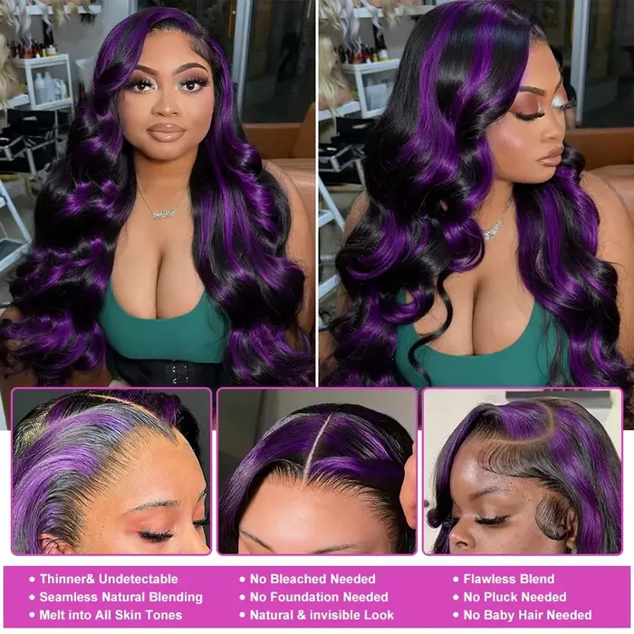 Perruque Dialola 13x6 13x4 HD Transparente en Dentelle Frontale, Cheveux Humains, Violet Foncé avec 