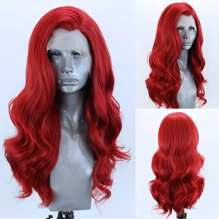AIMEYA 13x4 rouge dentelle avant perruque longue vague de corps cheveux synthétiques sans colle natu