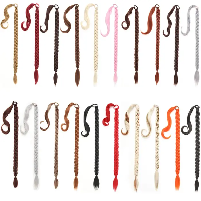 Longue Extension de queue de cheval tressée bricolage avec attache de cheveux enveloppe droite autour des Extensions