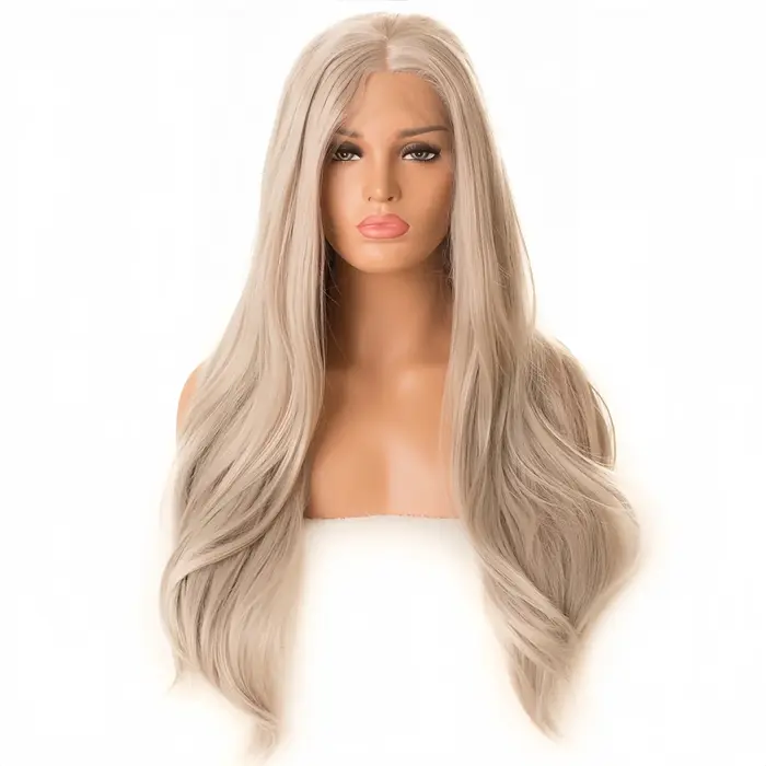 Perruque synthétique longue ondulée Blonde cendrée avec raie centrale, perruque bouclée gris clair e