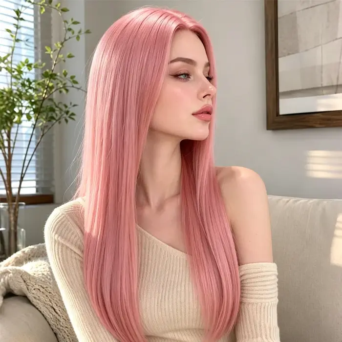 Perruque synthétique élégante rose longue et droite de 28 pouces, soigneusement coiffée avec une raie au milieu, créant un look sophistiqué pour les femmes.