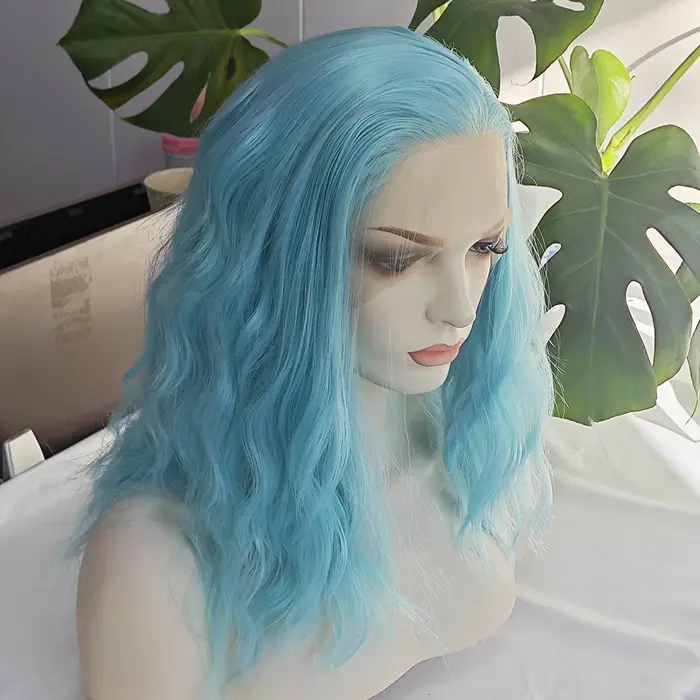 Perruque Lace Front Wig synthétique ondulée bleu ciel, perruque Loose Wave bleu clair pour femmes, Cosplay Makrup, utilisation en Fiber de chaleur, cheveux bleus