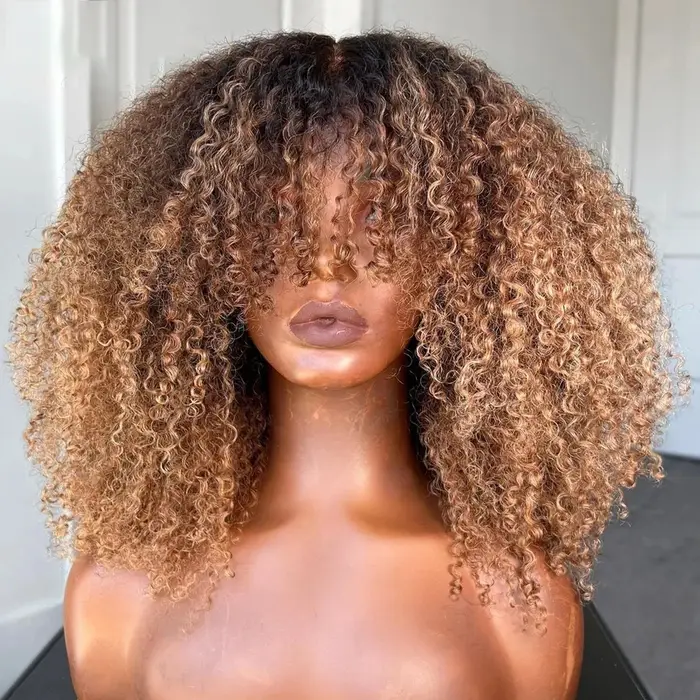 Blonde Afro crépus bouclés Bob perruque cheveux humains fait à la Machine sans colle perruque avec frange brésilienne Ombre Blonde courte Bob perruques cheveux humains