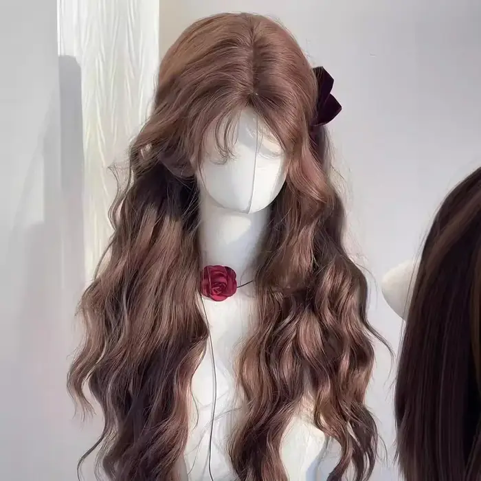 Perruque femme automne châtain marron laine rouleau paresseux tempérament longs cheveux bouclés simulation couverture complète de la tête