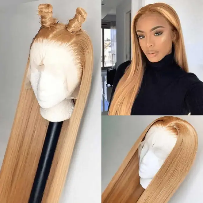 Tuneful 27 #   Perruques en cheveux humains de couleur blonde miel, lisses, 180%, 13x6, dentelle tra
