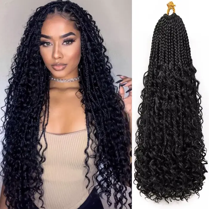 Boîte de déesse tresses cheveux au Crochet avec extrémités bouclées, Extensions de cheveux synthétiq