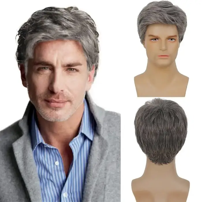 Perruque Courte Synthétique Grise pour Homme, Effet Naturel Superposé, Idéale pour Déguisement Hallo