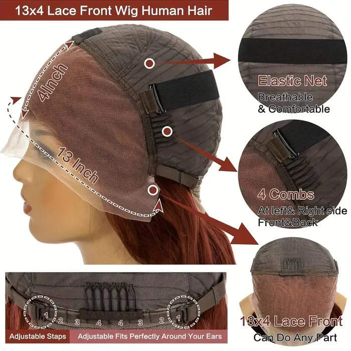 Perruque Lace Frontale 13x6 en Cheveux Humains, Densité 250, Ondulée, Brun Roux, Pré-épilée, Couleur