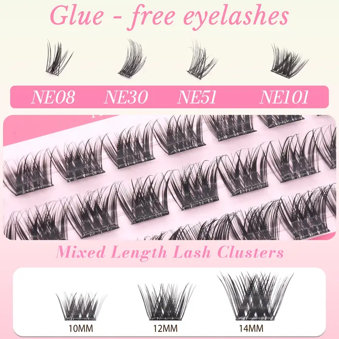 Série NE NE05 Nouvel Emballage 6 Rangées 100% Fait Main Effet 3D Moelleux Sans Colle Requise Extensions de Cils 10-14mm Noir Facile à Retirer Réutilisable