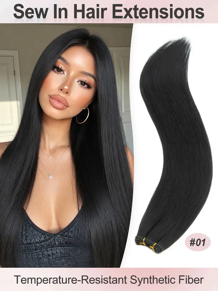 Extensions de cheveux synthétiques longues et lisses à coudre