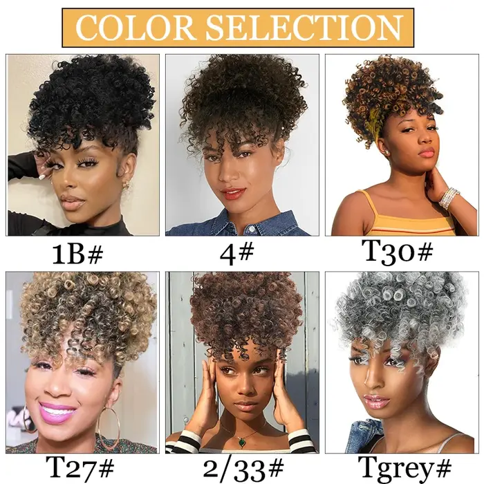 Afro Puff Kinky Curly Hair, Updo Ponytail Extension with Bangs Proximity Wstring Ponytail for Women,