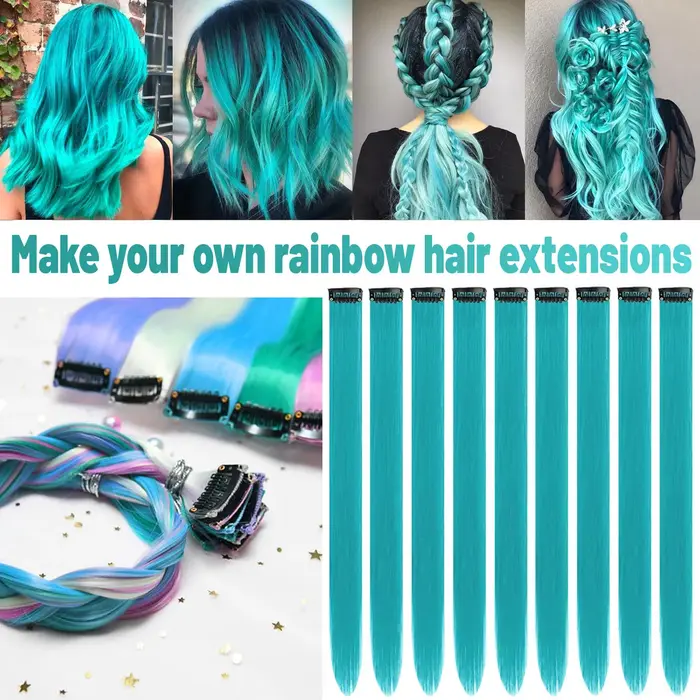 12 pièces Extensions de cheveux bleu sarcelle à clips, Extension de reflets de fête colorés pour enf