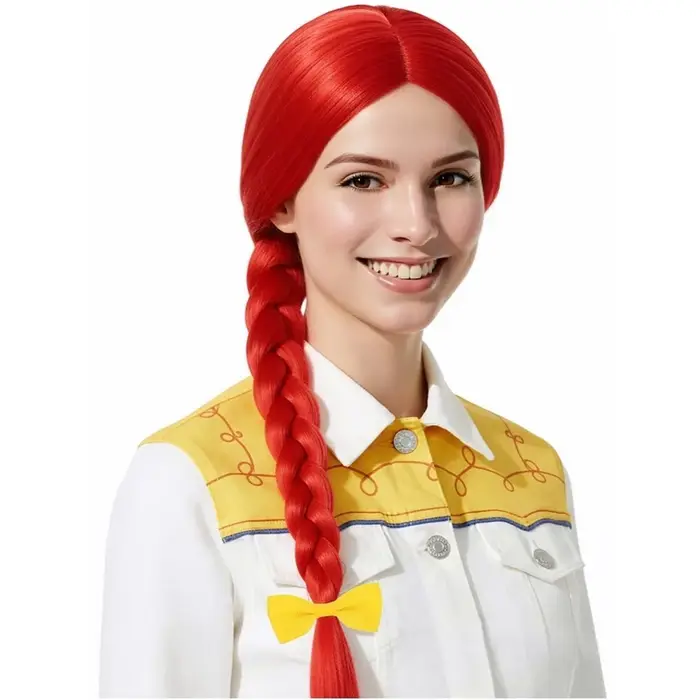 Perruque longue tressée rouge style Marilyn pour fête et cosplay. Elle est livrée avec un nœud jaune. Confortable à porter. Perruques synthétiques.