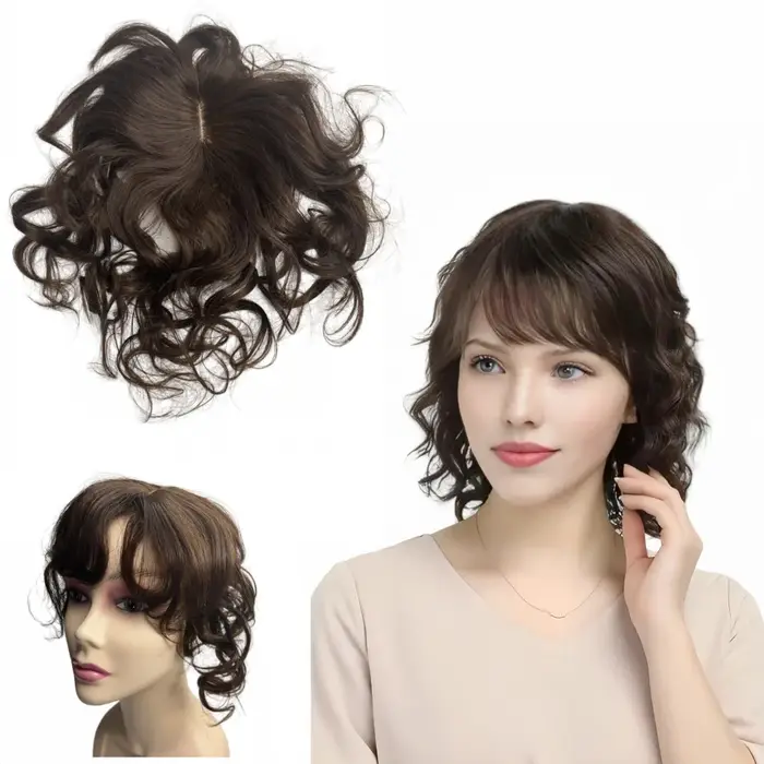35 cm corps ondulé cheveux humains Toppers pour les femmes avec frange bouclés Topper Clip-in Extension