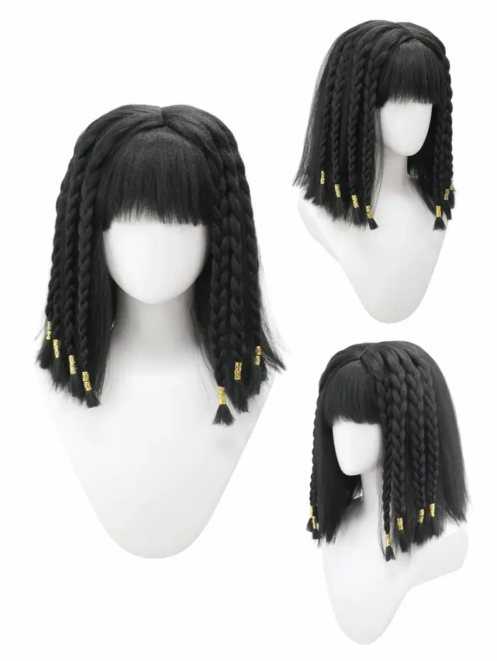 Perruque synthétique à frange tressée noire multibrins | ornements en or