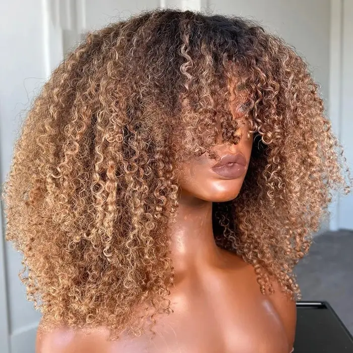 Blonde Afro crépus bouclés Bob perruque cheveux humains fait à la Machine sans colle perruque avec frange brésilienne Ombre Blonde courte Bob perruques cheveux humains