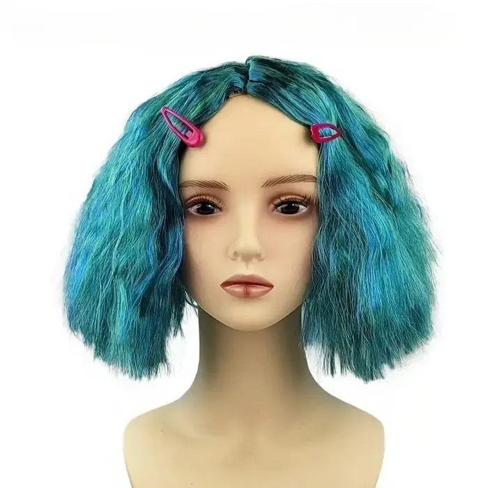 Perruque courte bleue bouclée style anime - Postiche résistant à la chaleur