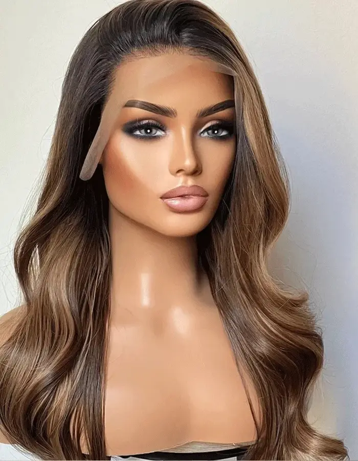 Perruque synthétique longue ondulée ombrée brun cendré blond en fibre Futura, perruque frontale en d