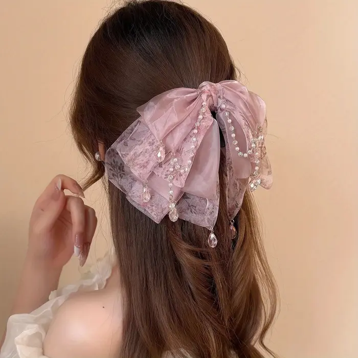 Pince à cheveux avec pompon en cristal bordeaux – Design floral aquarelle avec grand nœud