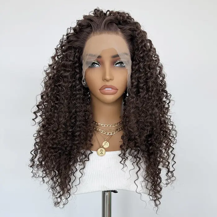 Perruque bouclée marron chocolat 13x4 Lace Front