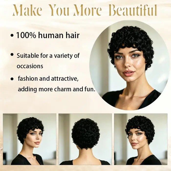 Perruque courte afro bouclée en cheveux humains pour femmes