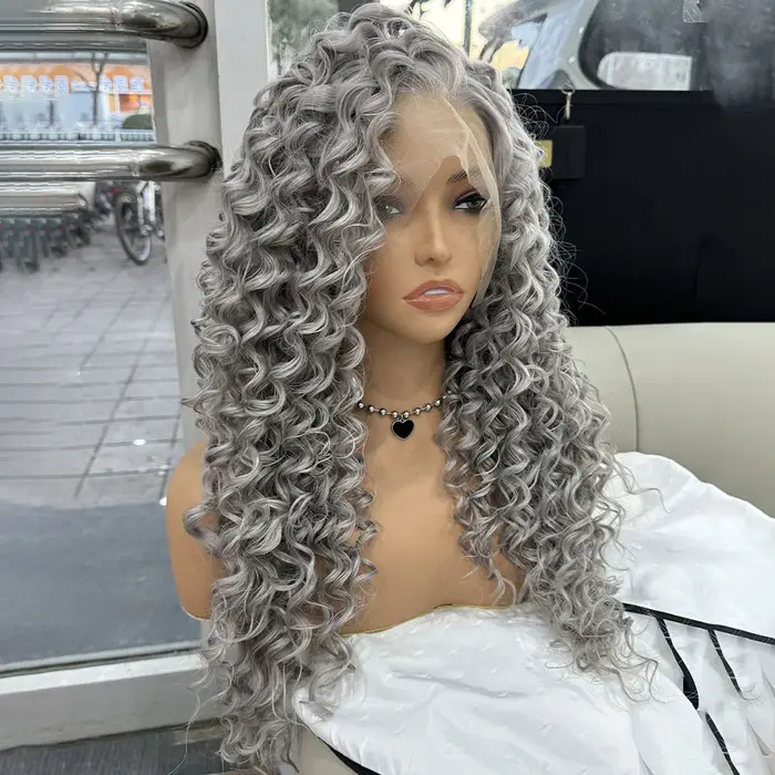 Perruque Lace Front Wig synthétique bouclée crépue grise