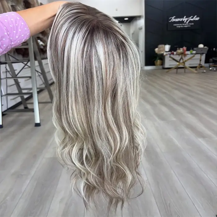 100 vrais cheveux humains blond cendré perruque racines foncées vague de corps mettre en évidence pe