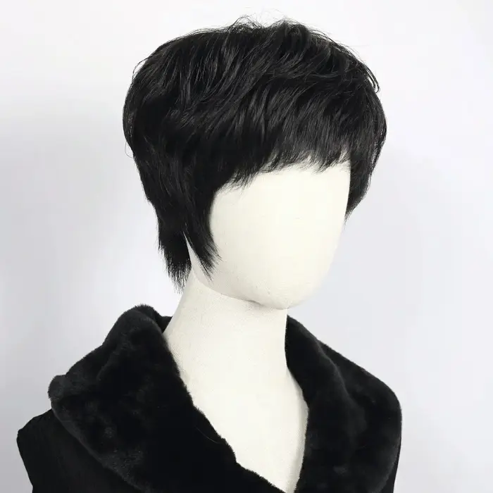 Perruque courte noire coupe pixie 6*6 avec base en soie et devant en PU, 100% cheveux humains pour f