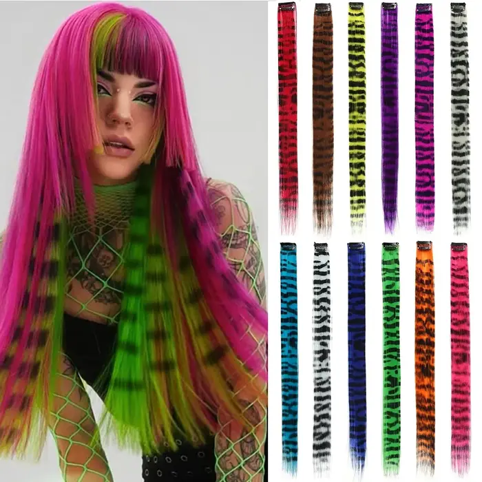Extensions de cheveux synthétiques colorées à rayures imprimées