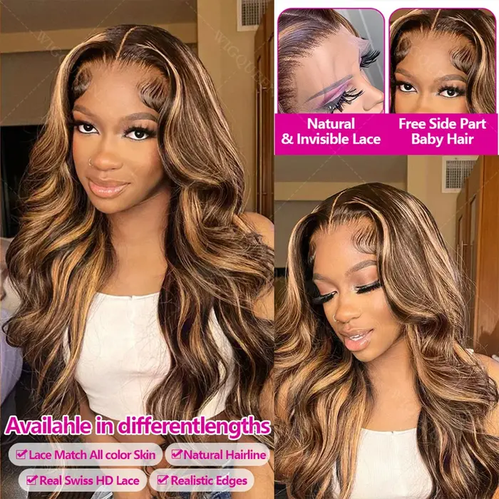 200% mise à niveau 4/27 Balayage Blonde mettre en évidence 13x6 dentelle avant perruque vague de cor