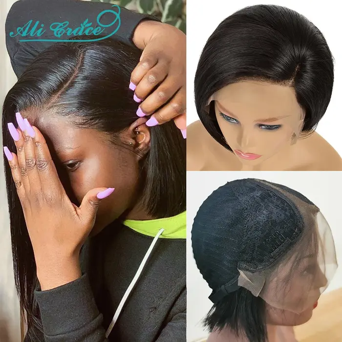 Perruque de cheveux brésiliens courts et lisses, coupe Pixie 20CM, coupe droite, pré-épilée, Ali Grace Lace Part Lace Wigs