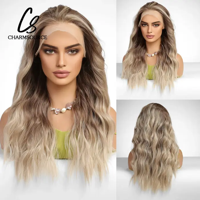 CharmSource 13x4 dentelle avant perruques marron Ombre Blonde synthétique longue ondulée bouclés per
