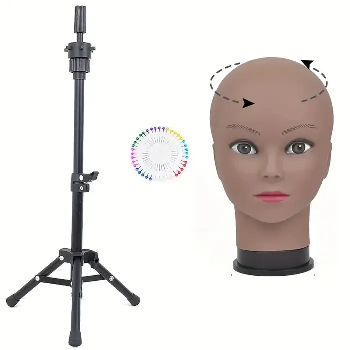 Tête de Mannequin chauve avec trépied de coiffure noir, support de perruque en plastique Durable pou