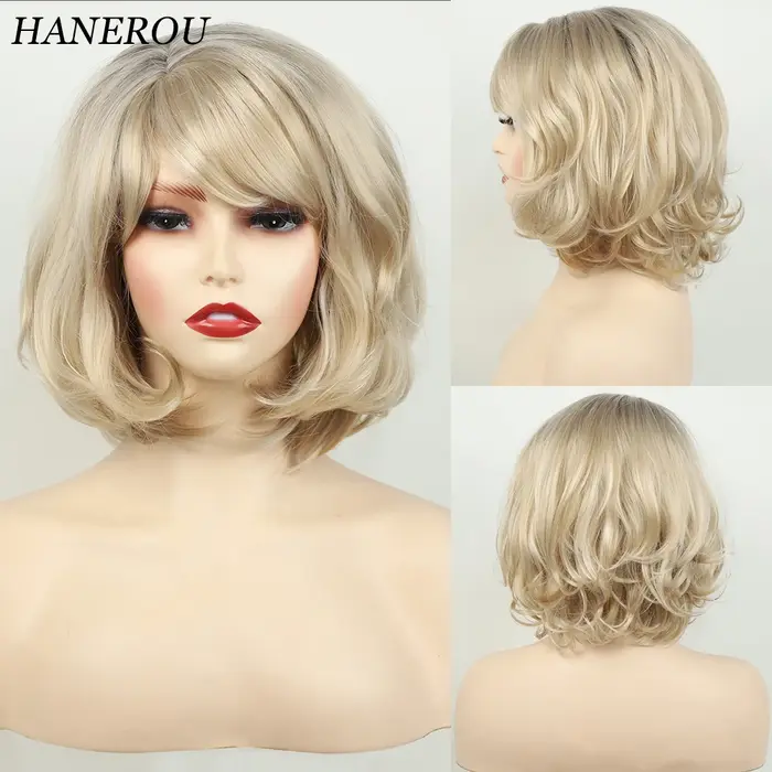 HANEROU – perruque synthétique courte ondulée Blonde naturelle ombrée bouffante pour femmes